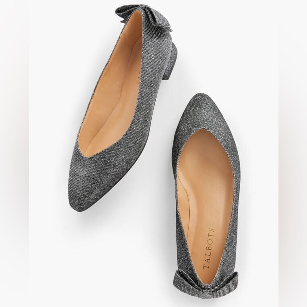 Talbots Edison Bow Flats Silver Sparkle Pointed Toe Womens 7.5